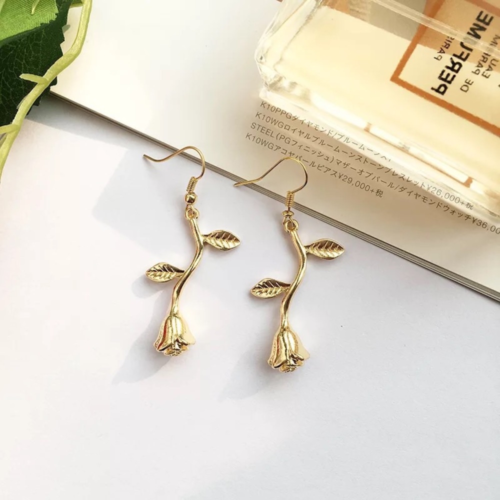 Enchanted Rose Yellow Gold Drop Flower Earrings - Picture 1 of 5
